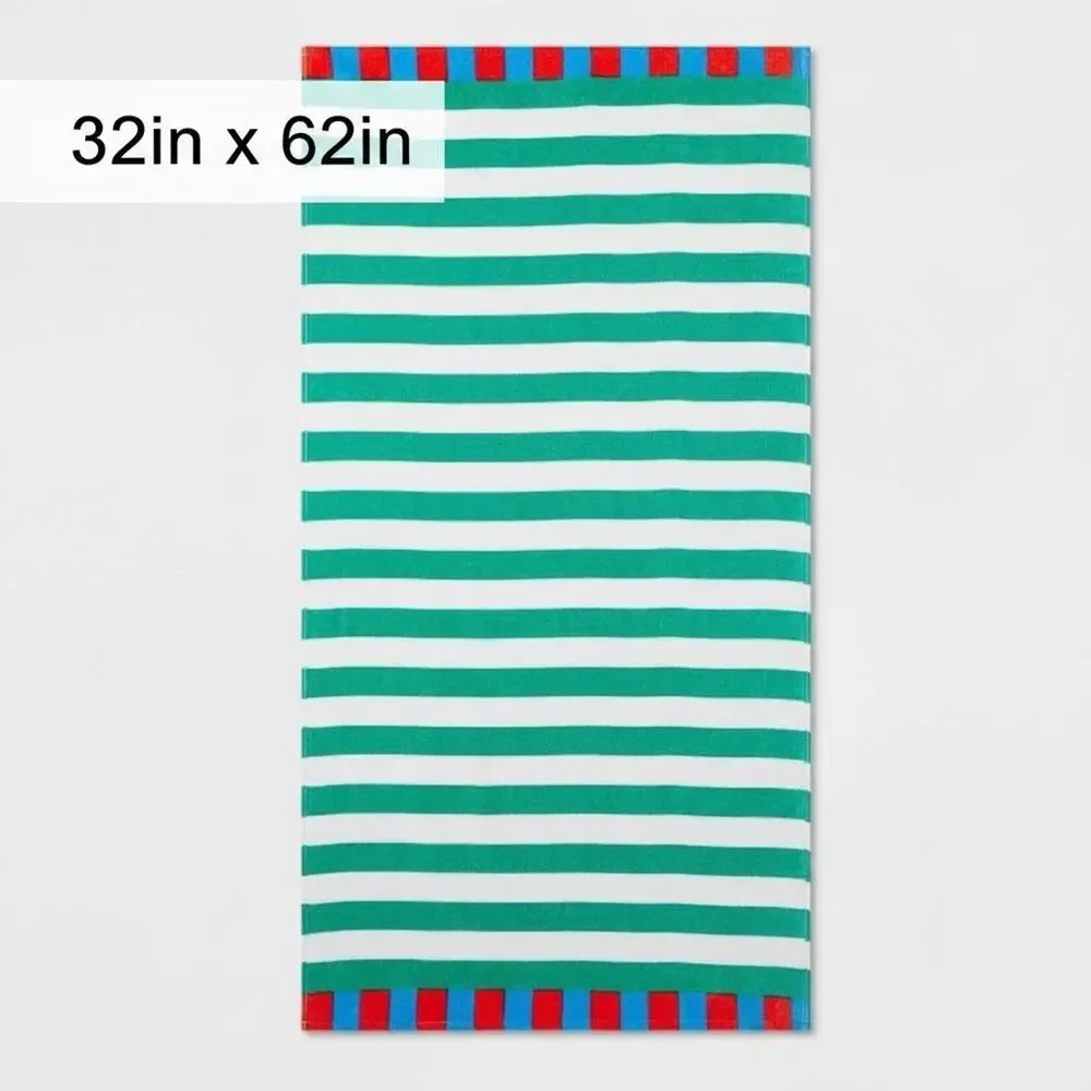Sun Squad Striped Beach Towel Green/White 32in X 62in 100% Cotton